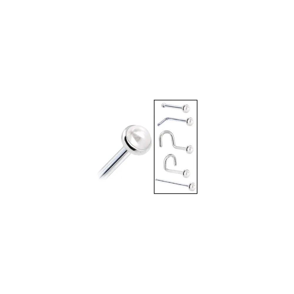 Solid 14KT White Gold (June) 2mm Cultured Pearl Nose Ring