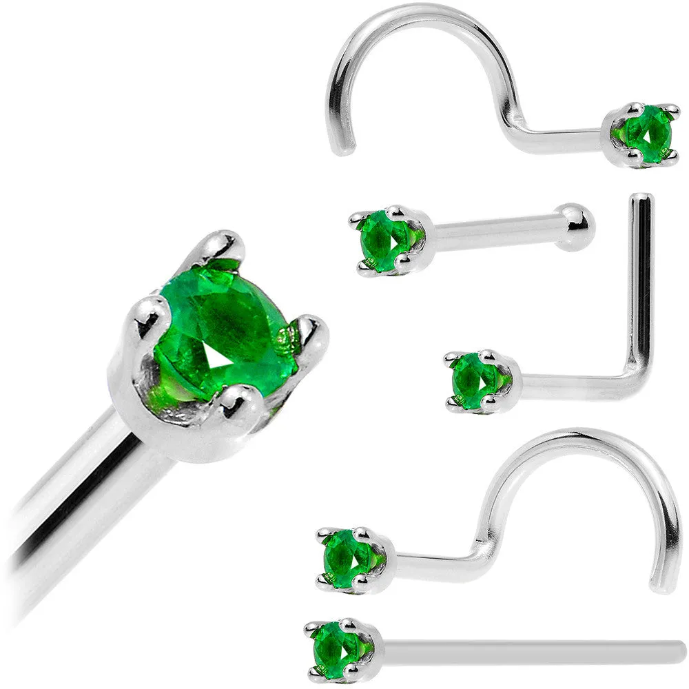 Solid 14KT White Gold (May) 1.5mm Genuine Emerald Nose Ring