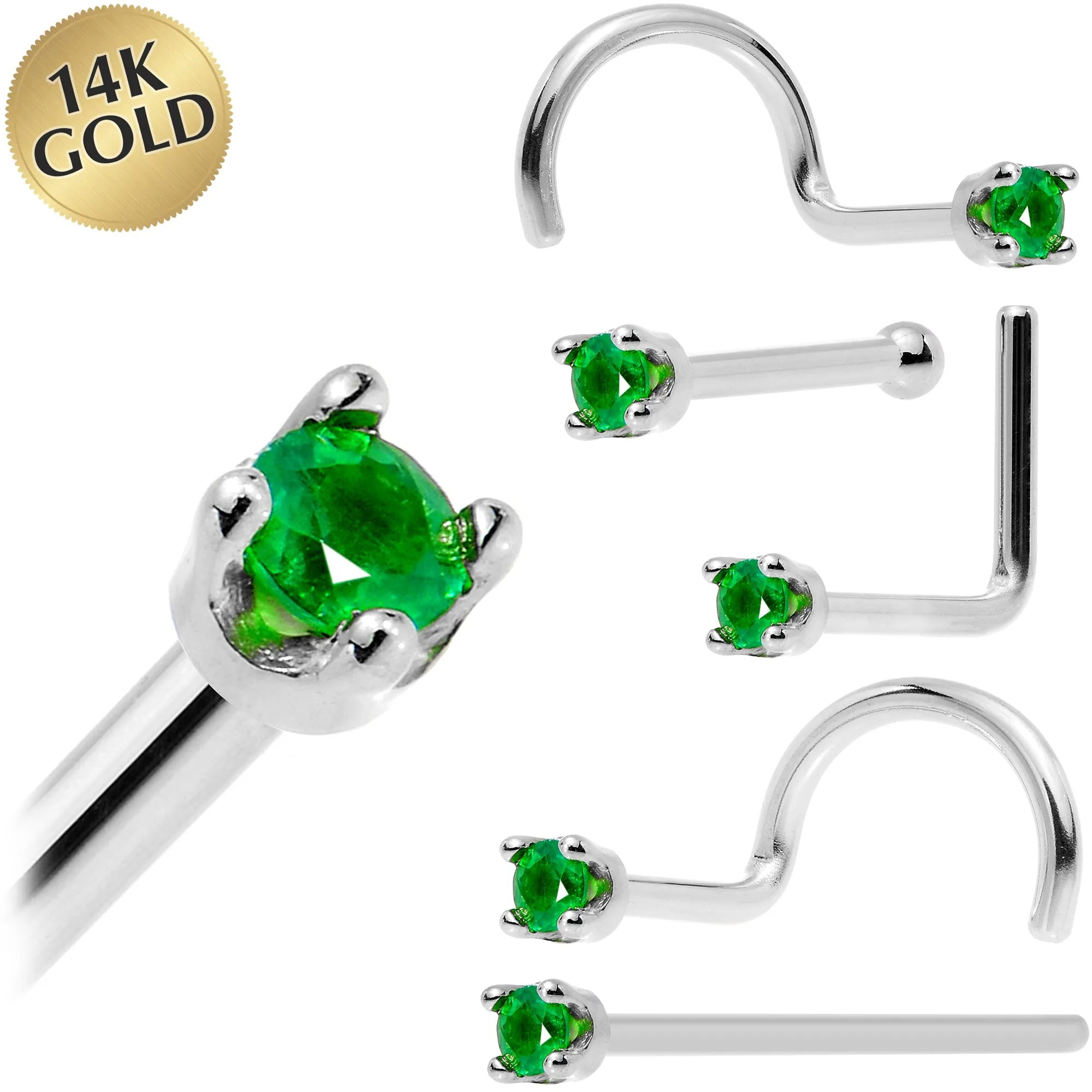 Solid 14KT White Gold (May) 1.5mm Genuine Emerald Nose Ring