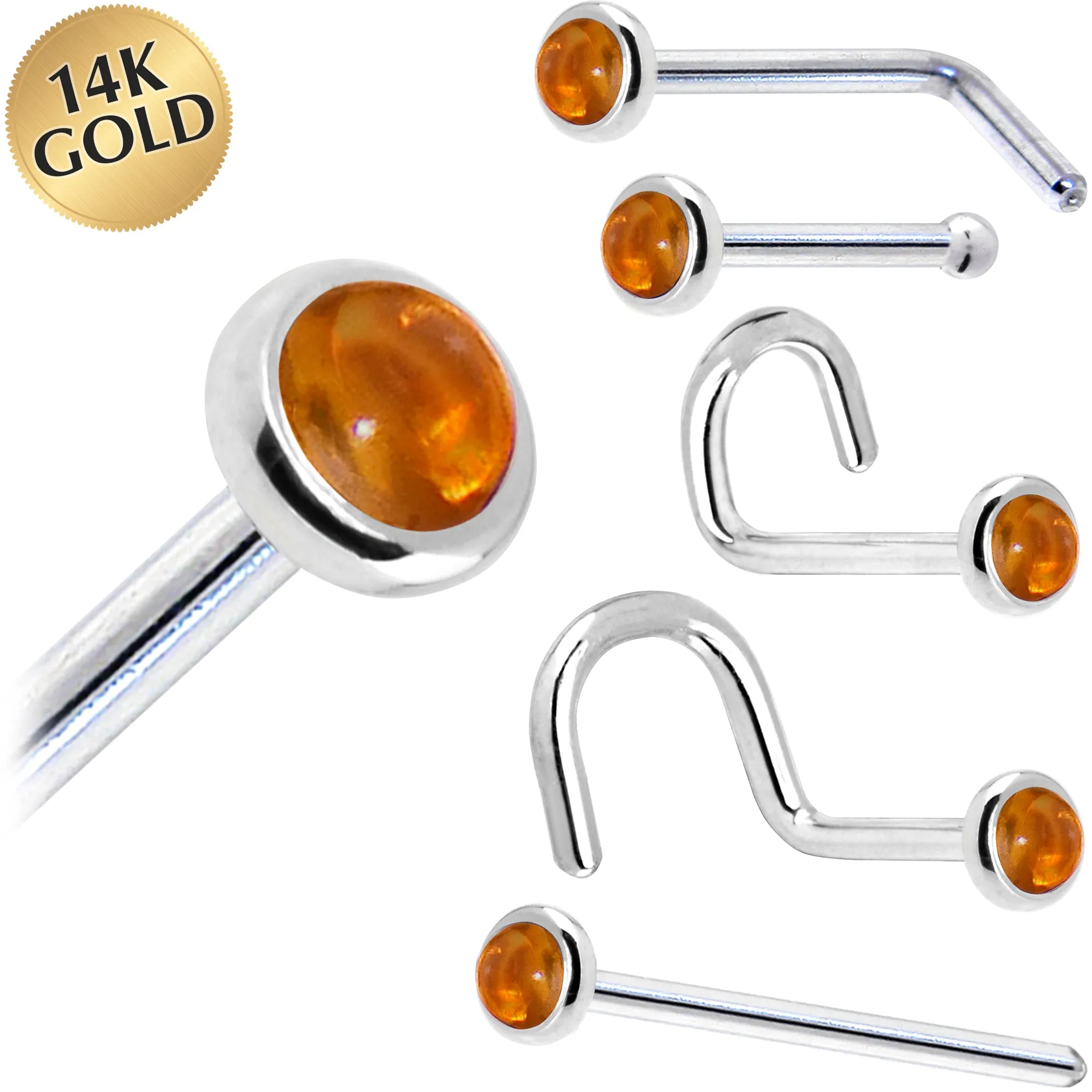 Solid 14KT White Gold (November) 2mm Genuine Citrine Saffron Nose Ring