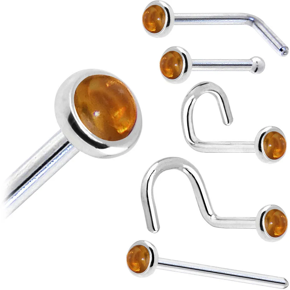 Solid 14KT White Gold (November) 2mm Genuine Citrine Saffron Nose Ring