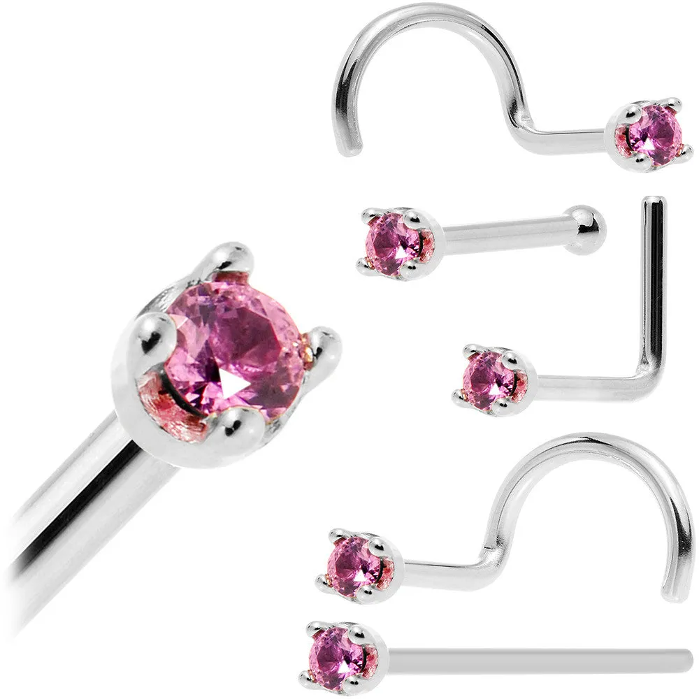 Solid 14KT White Gold (October) 1.5mm Genuine Pink Sapphire Nose Ring