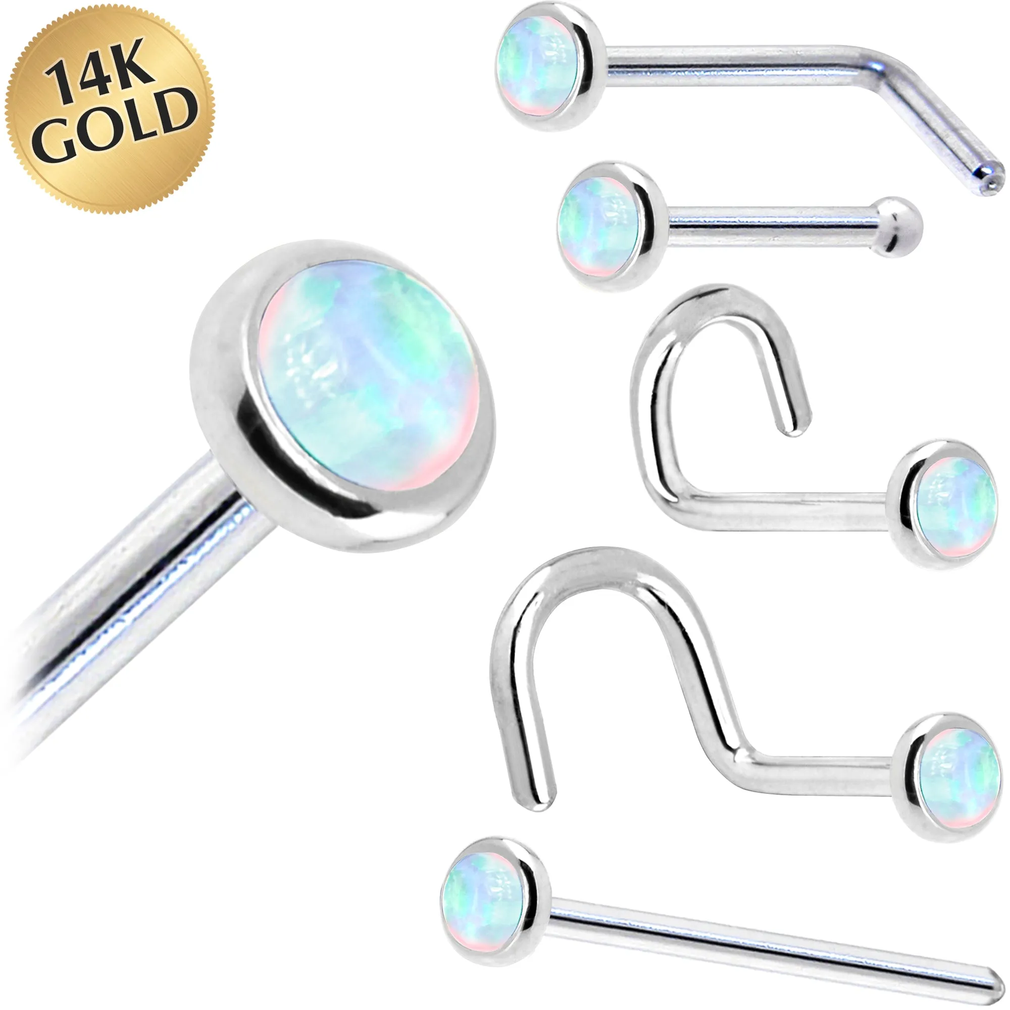 Solid 14KT White Gold (October) 2mm Synthetic Opal Nose Ring