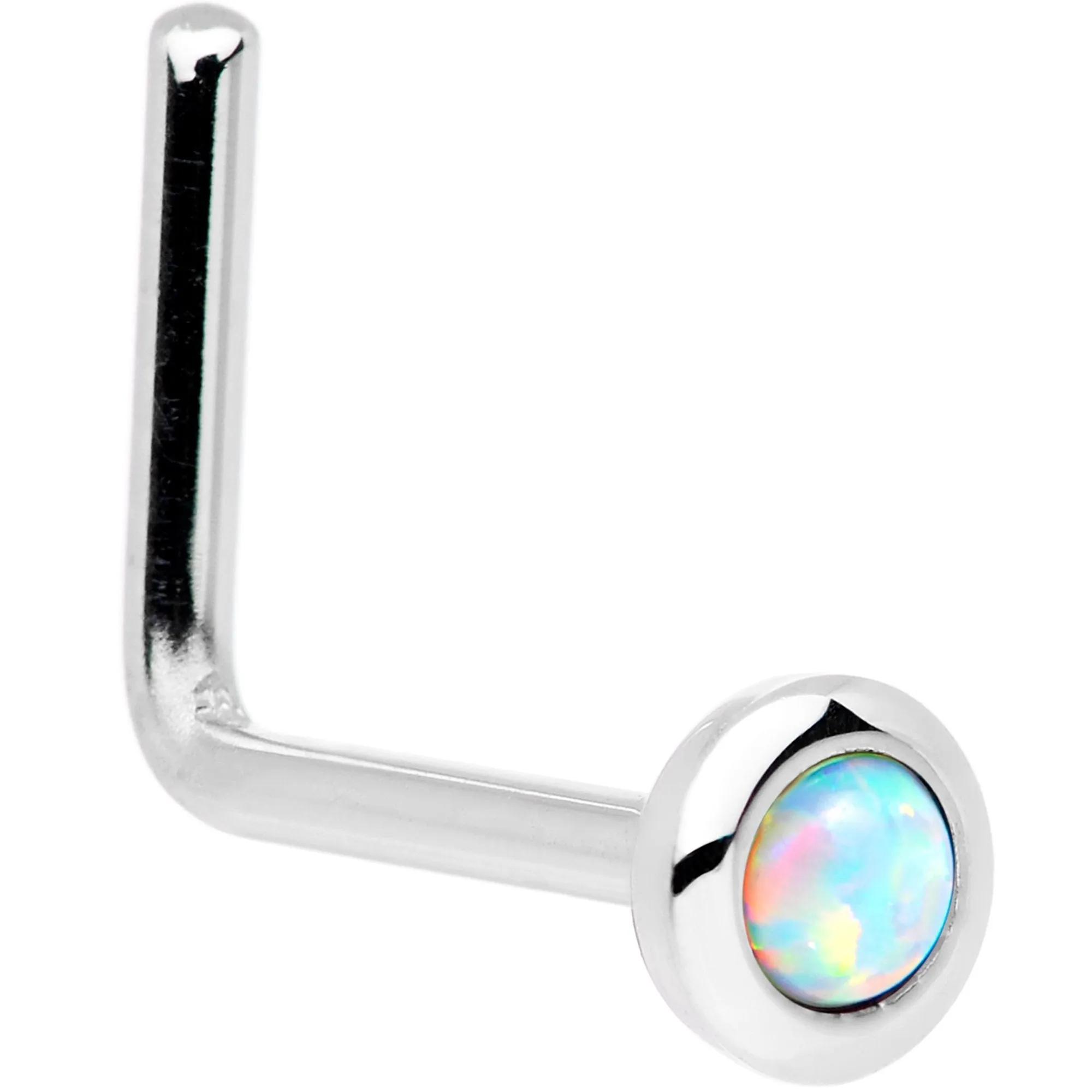 Solid 14KT White Gold (October) 2mm Synthetic Opal Nose Ring