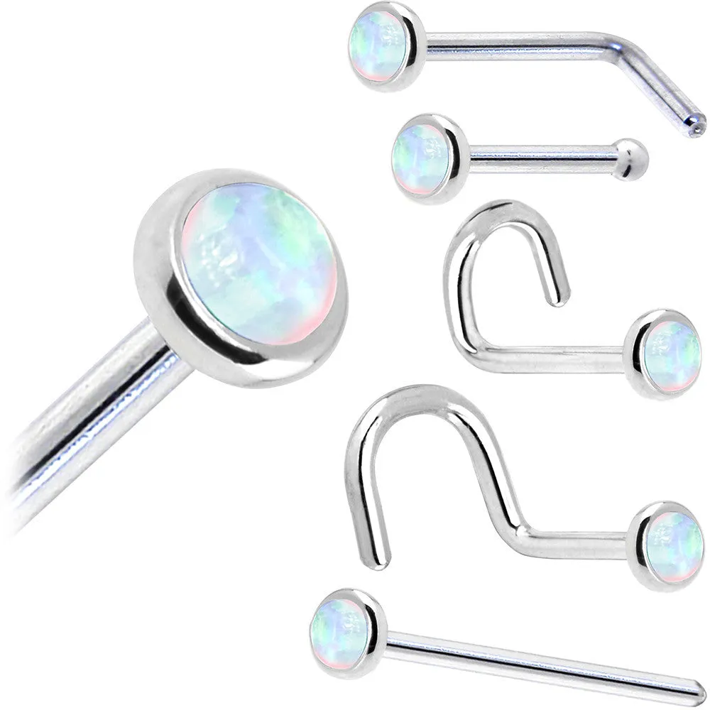 Solid 14KT White Gold (October) 2mm Synthetic Opal Nose Ring