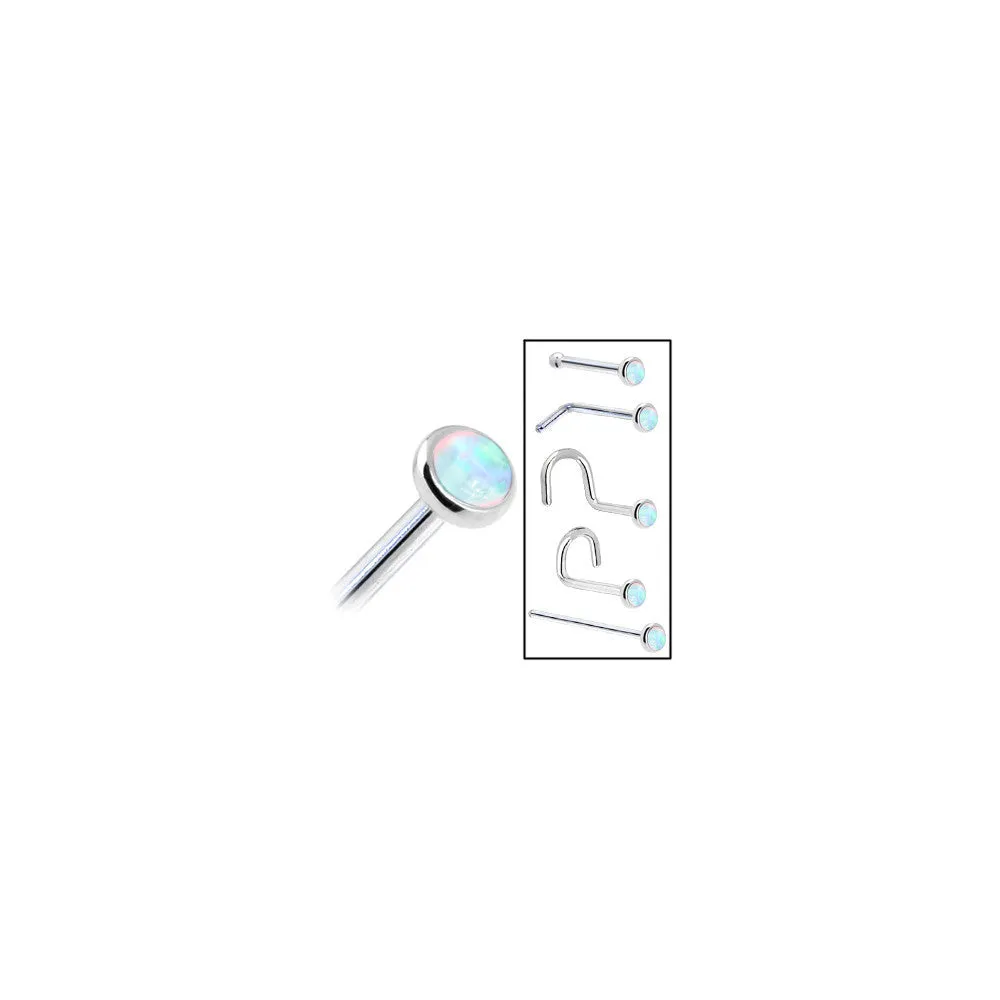 Solid 14KT White Gold (October) 2mm Synthetic Opal Nose Ring