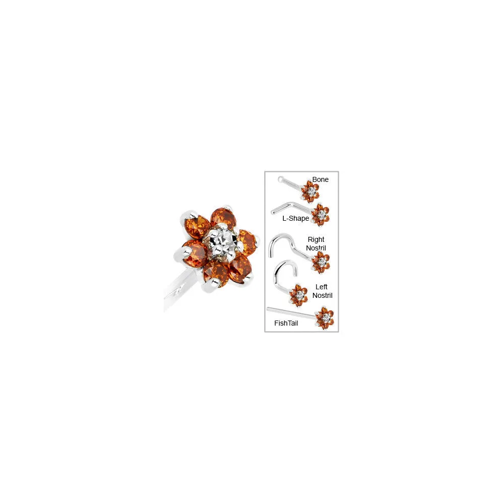 Solid 14KT White Gold Orange and Clear Cubic Zirconia Flower Nose Ring