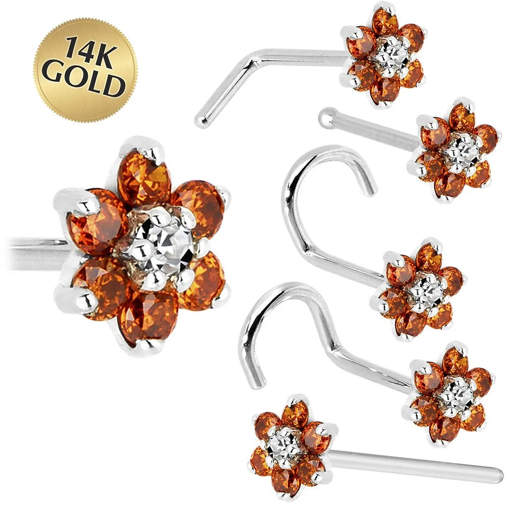 Solid 14KT White Gold Orange and Clear Cubic Zirconia Flower Nose Ring