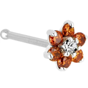 Solid 14KT White Gold Orange and Clear Cubic Zirconia Flower Nose Ring