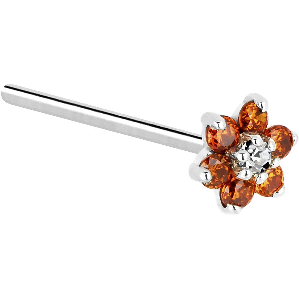 Solid 14KT White Gold Orange and Clear Cubic Zirconia Flower Nose Ring