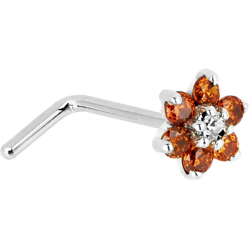 Solid 14KT White Gold Orange and Clear Cubic Zirconia Flower Nose Ring