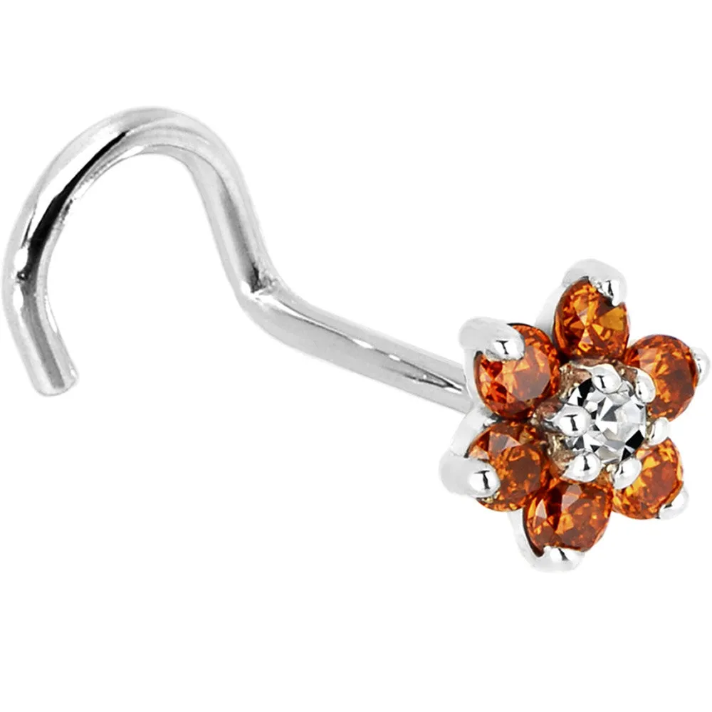 Solid 14KT White Gold Orange and Clear Cubic Zirconia Flower Nose Ring