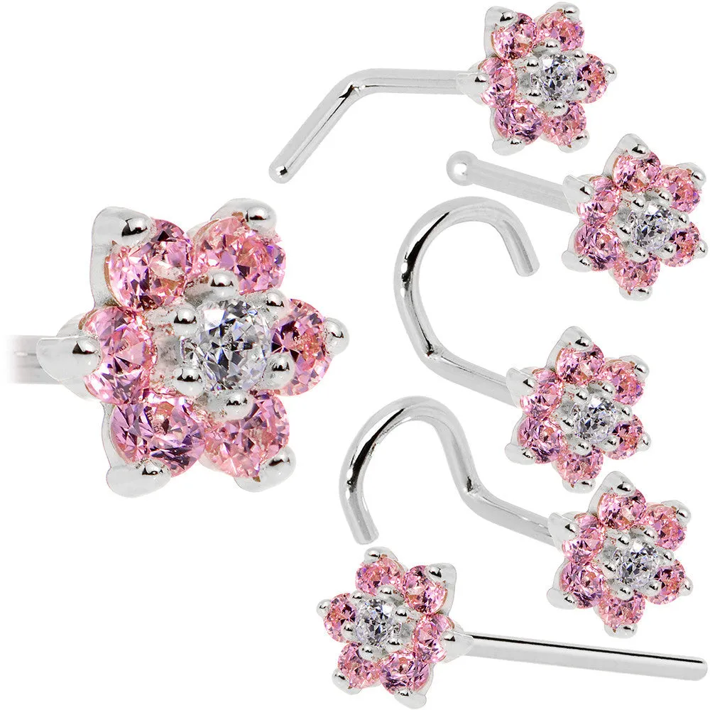 Solid 14KT White Gold Pink and Clear Cubic Zirconia Flower Nose Ring