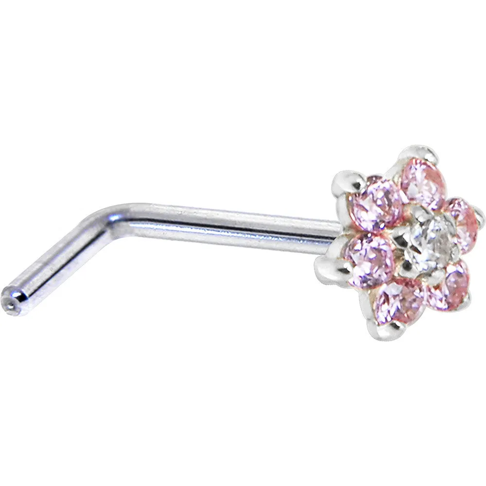 Solid 14KT White Gold Pink and Clear Cubic Zirconia Flower Nose Ring