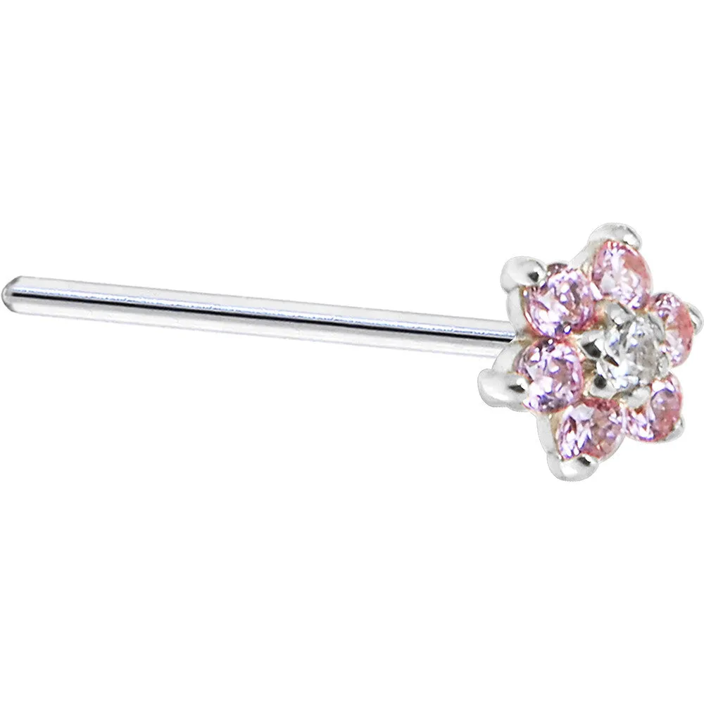 Solid 14KT White Gold Pink and Clear Cubic Zirconia Flower Nose Ring
