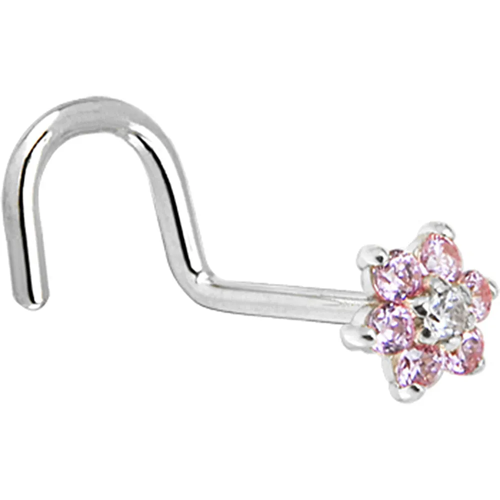 Solid 14KT White Gold Pink and Clear Cubic Zirconia Flower Nose Ring