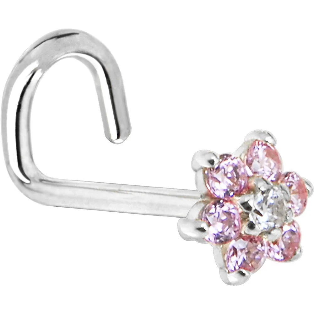 Solid 14KT White Gold Pink and Clear Cubic Zirconia Flower Nose Ring