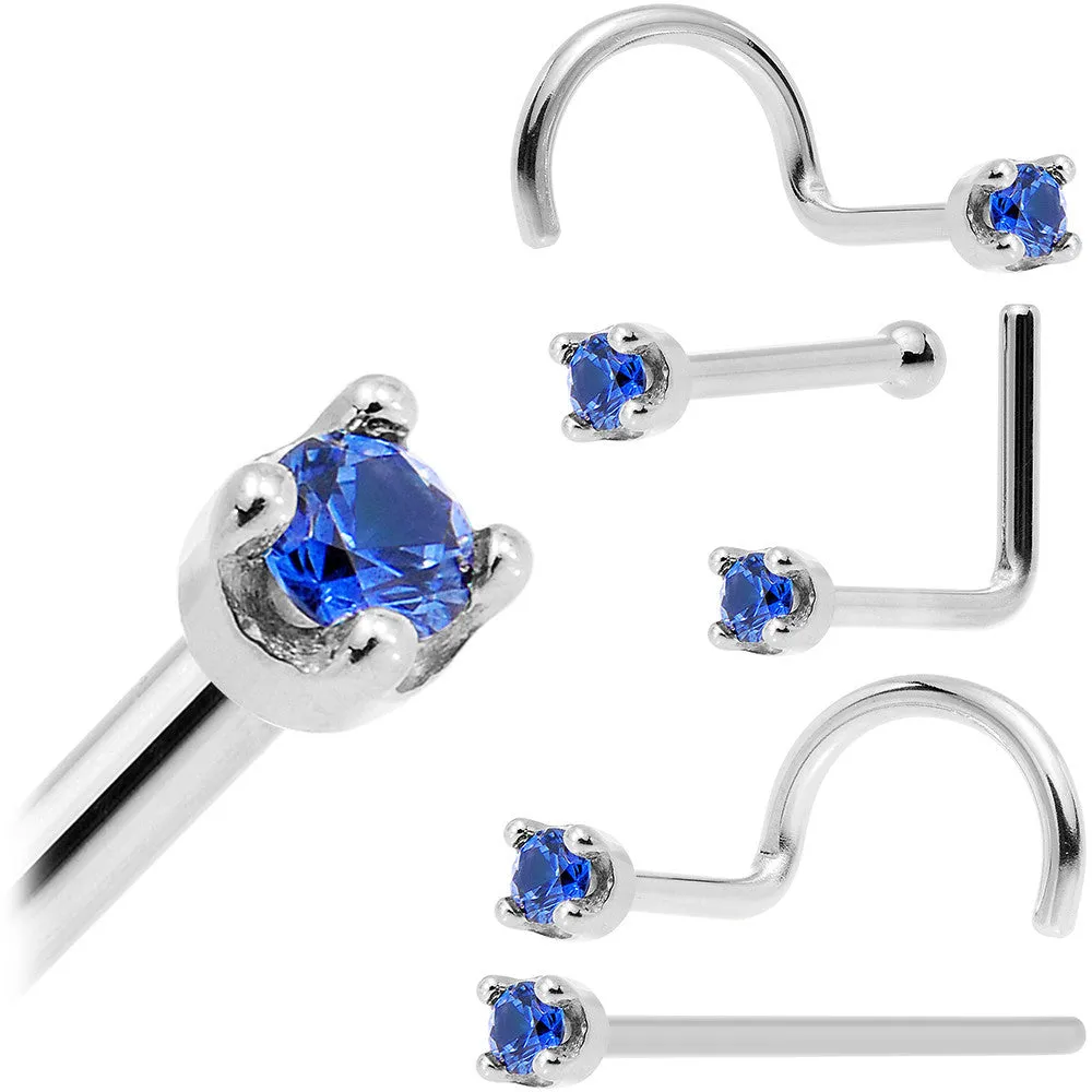 Solid 14KT White Gold (September) 1.5mm Genuine Blue Sapphire Nose Stud Ring