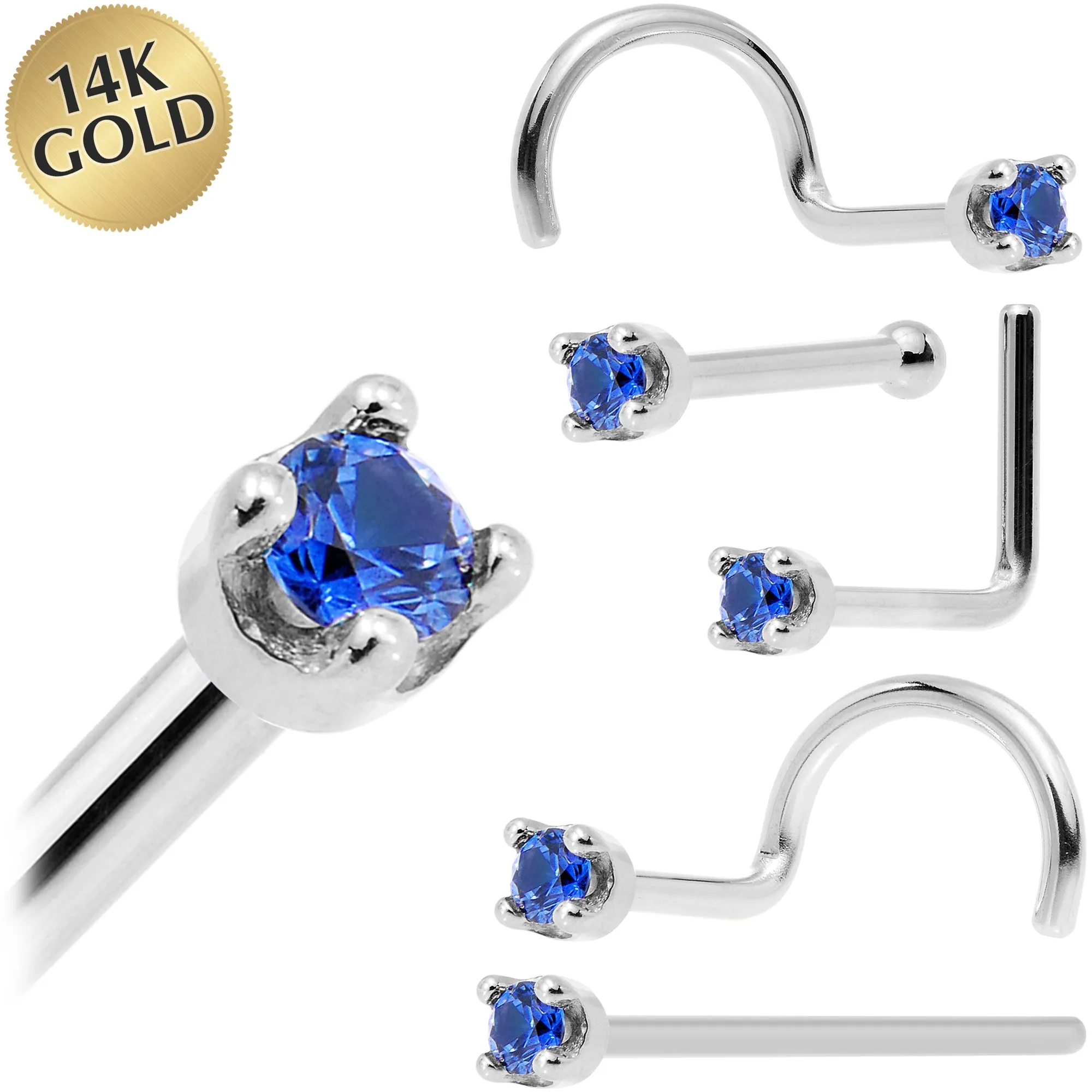 Solid 14KT White Gold (September) 1.5mm Genuine Blue Sapphire Nose Stud Ring