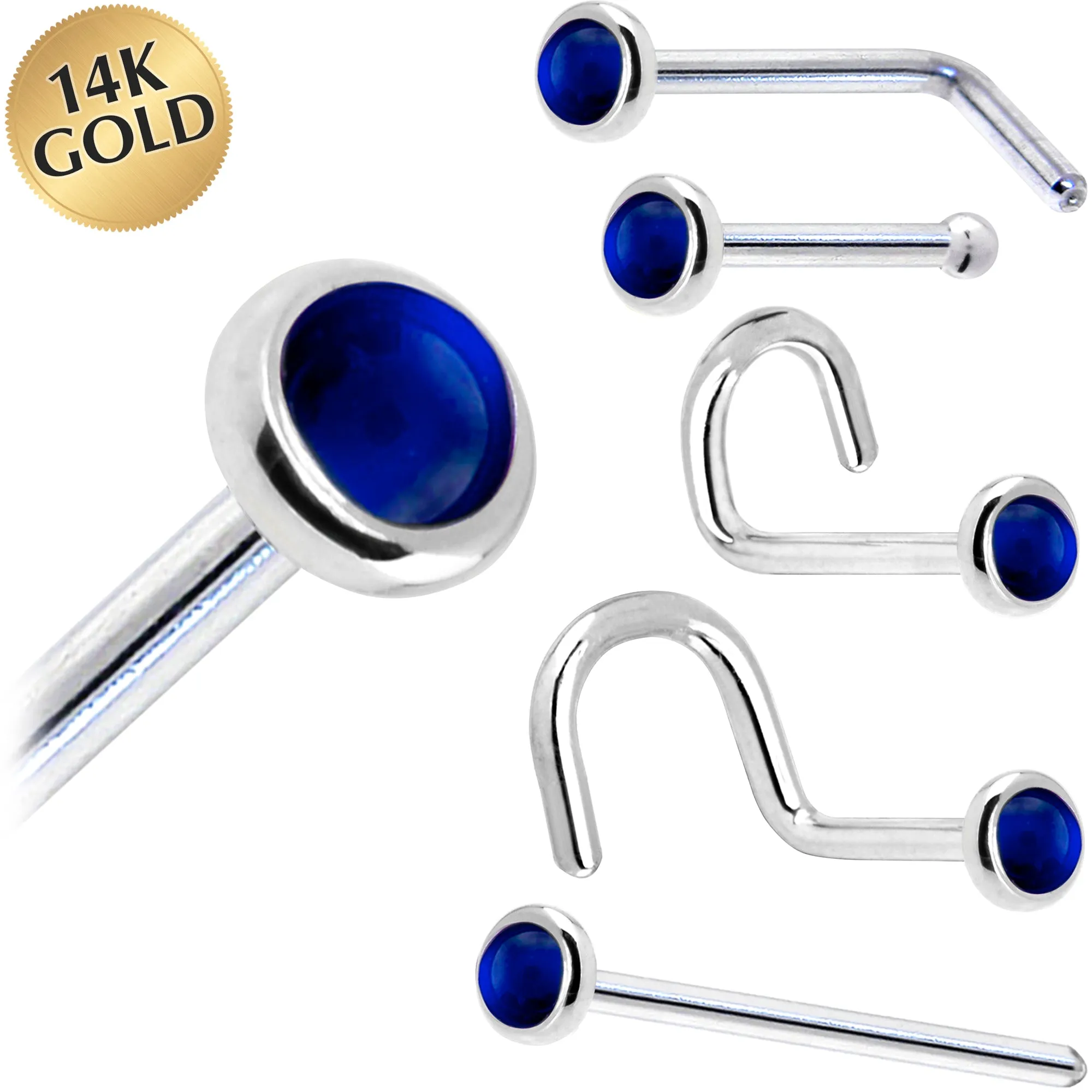 Solid 14KT White Gold (September) 2mm Genuine Sapphire Nose Ring