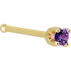 Solid 14KT Yellow Gold 2mm Amethyst Cubic Zirconia Nose Ring