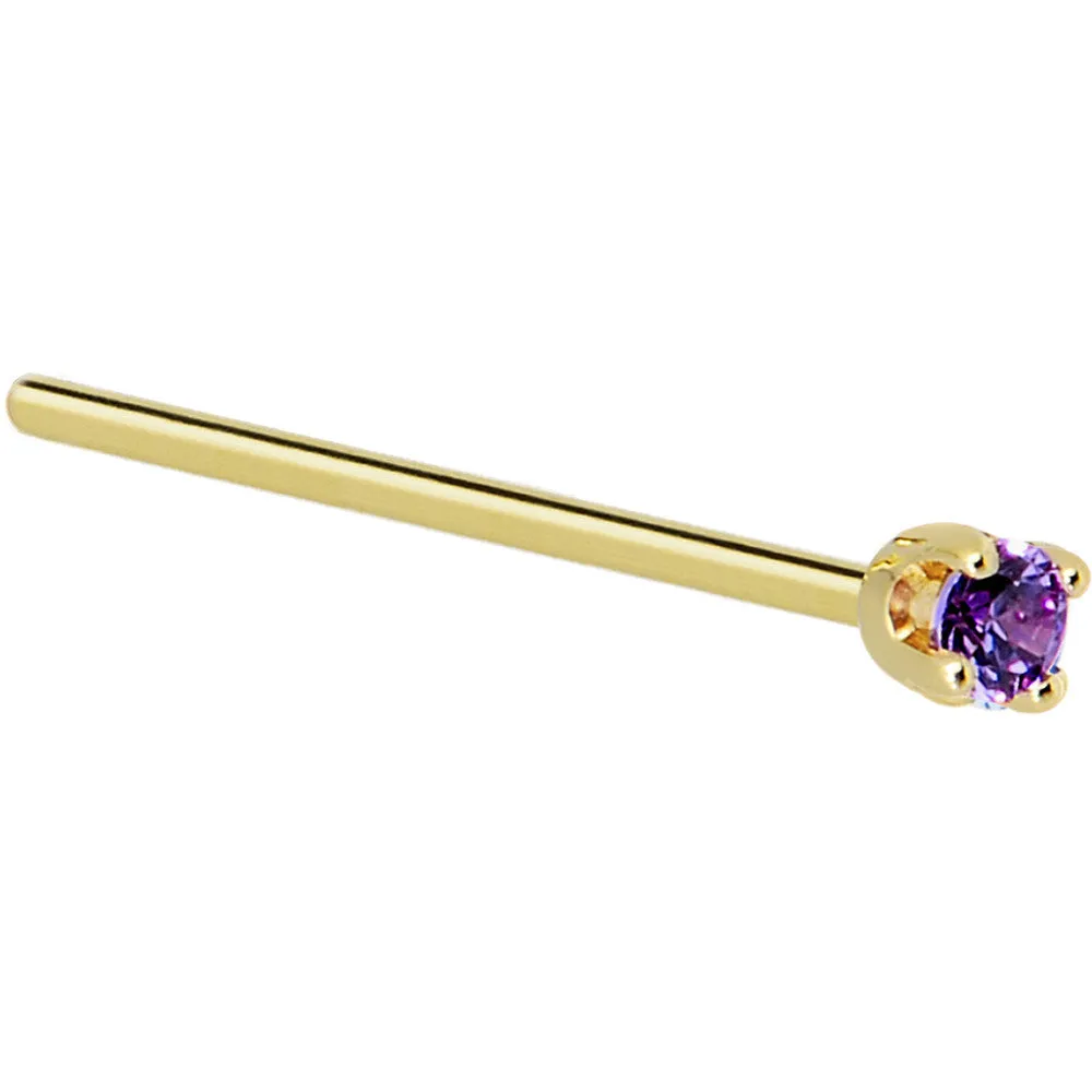 Solid 14KT Yellow Gold 2mm Amethyst Cubic Zirconia Nose Ring