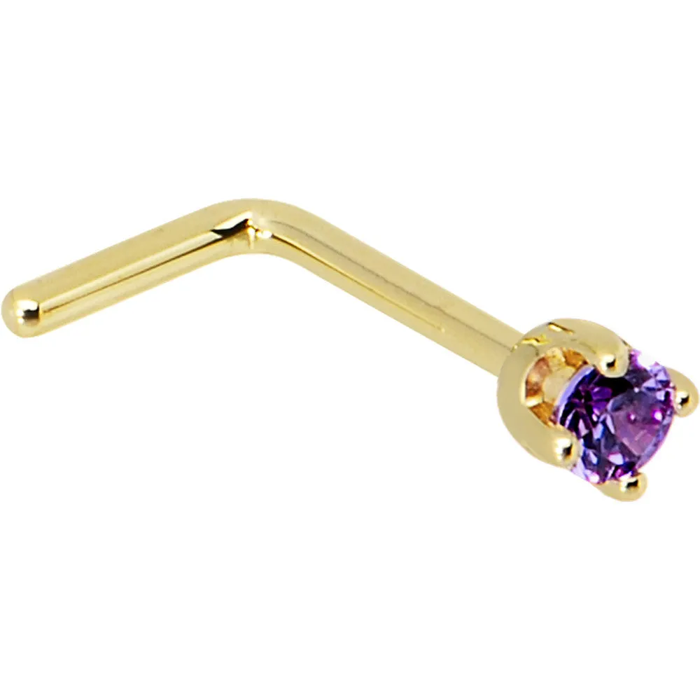 Solid 14KT Yellow Gold 2mm Amethyst Cubic Zirconia Nose Ring