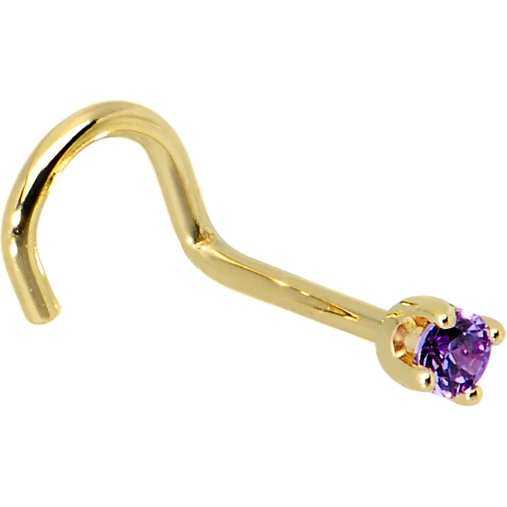 Solid 14KT Yellow Gold 2mm Amethyst Cubic Zirconia Nose Ring