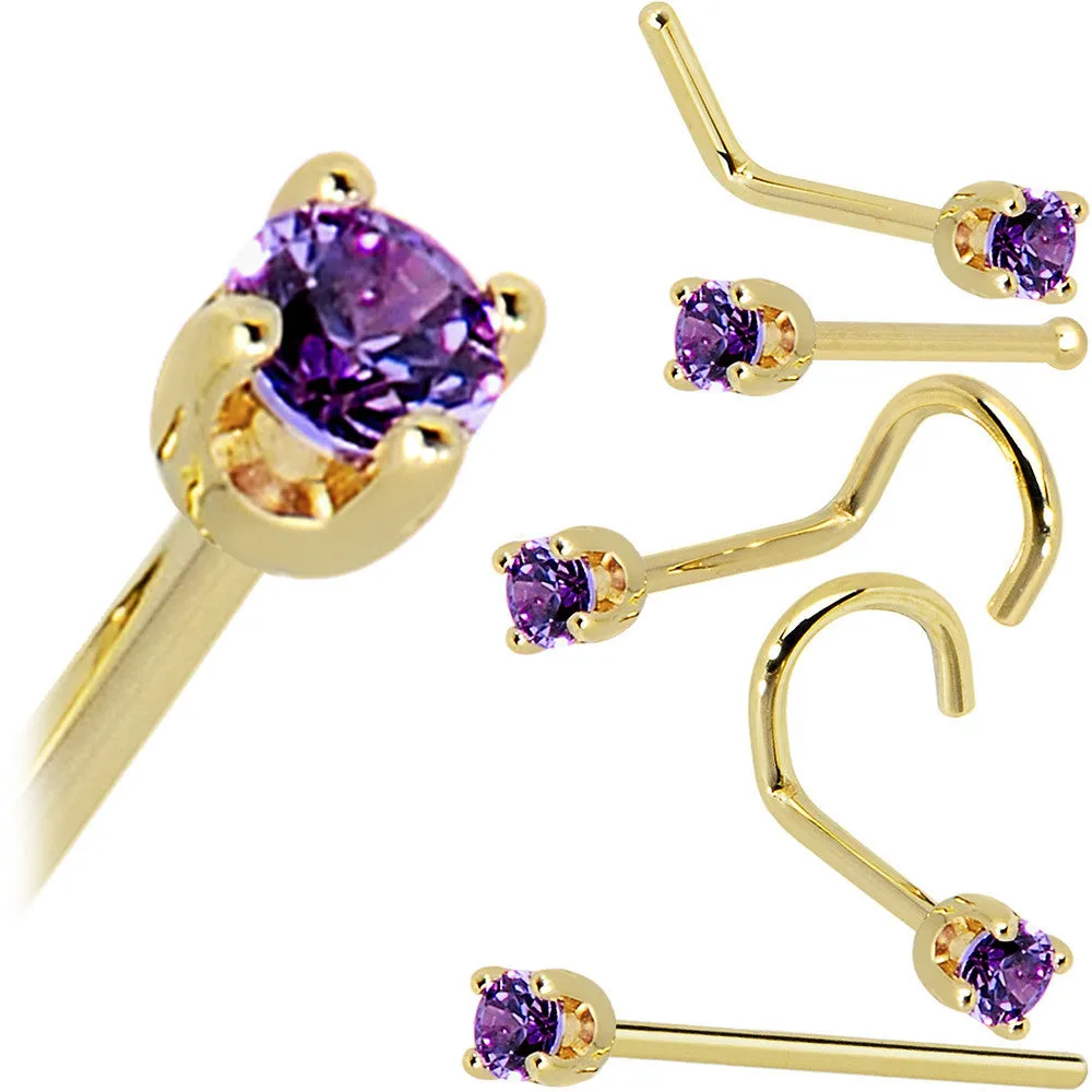 Solid 14KT Yellow Gold 2mm Amethyst Cubic Zirconia Nose Ring