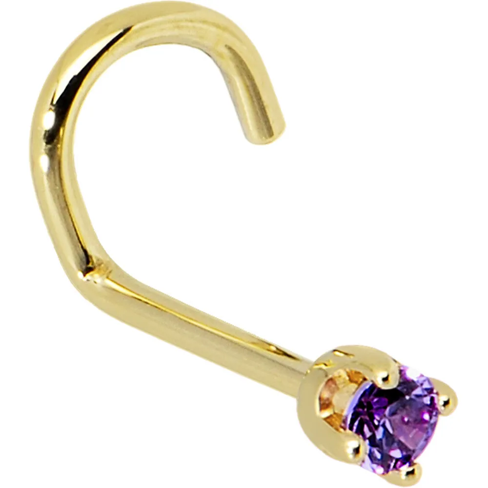 Solid 14KT Yellow Gold 2mm Amethyst Cubic Zirconia Nose Ring