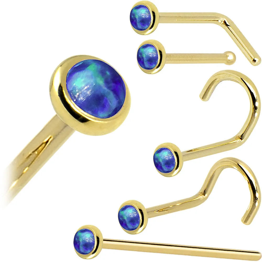 Solid 14KT Yellow Gold 2mm Dark Blue Synthetic Opal Nose Ring