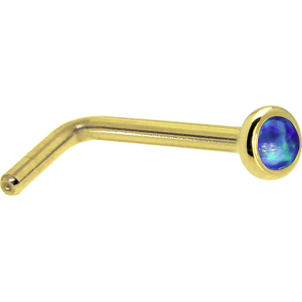 Solid 14KT Yellow Gold 2mm Dark Blue Synthetic Opal Nose Ring