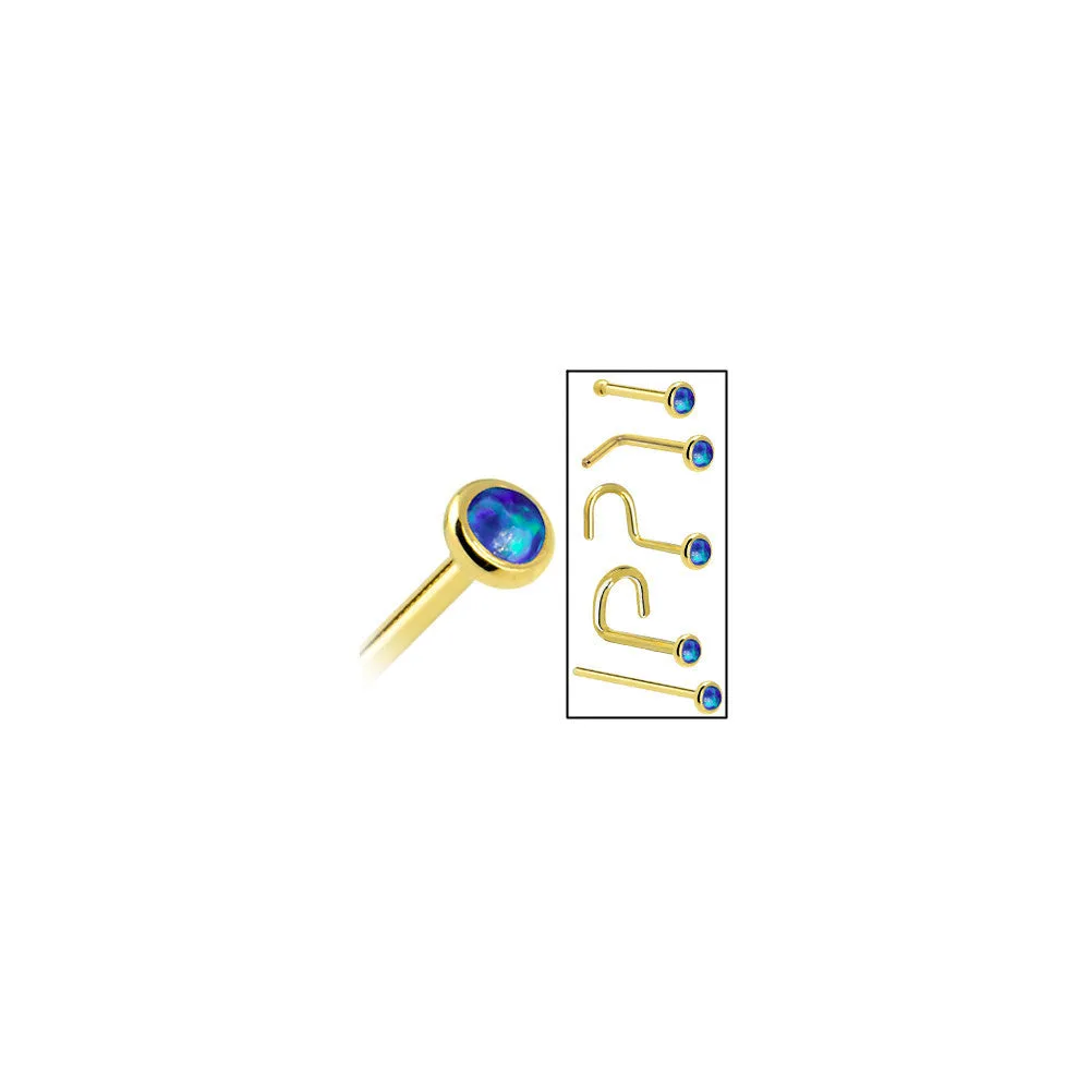 Solid 14KT Yellow Gold 2mm Dark Blue Synthetic Opal Nose Ring