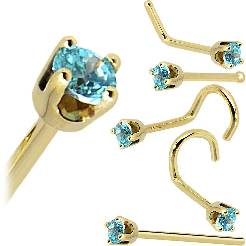 Solid 14KT Yellow Gold 2mm Mint Green Cubic Zirconia Nose Ring
