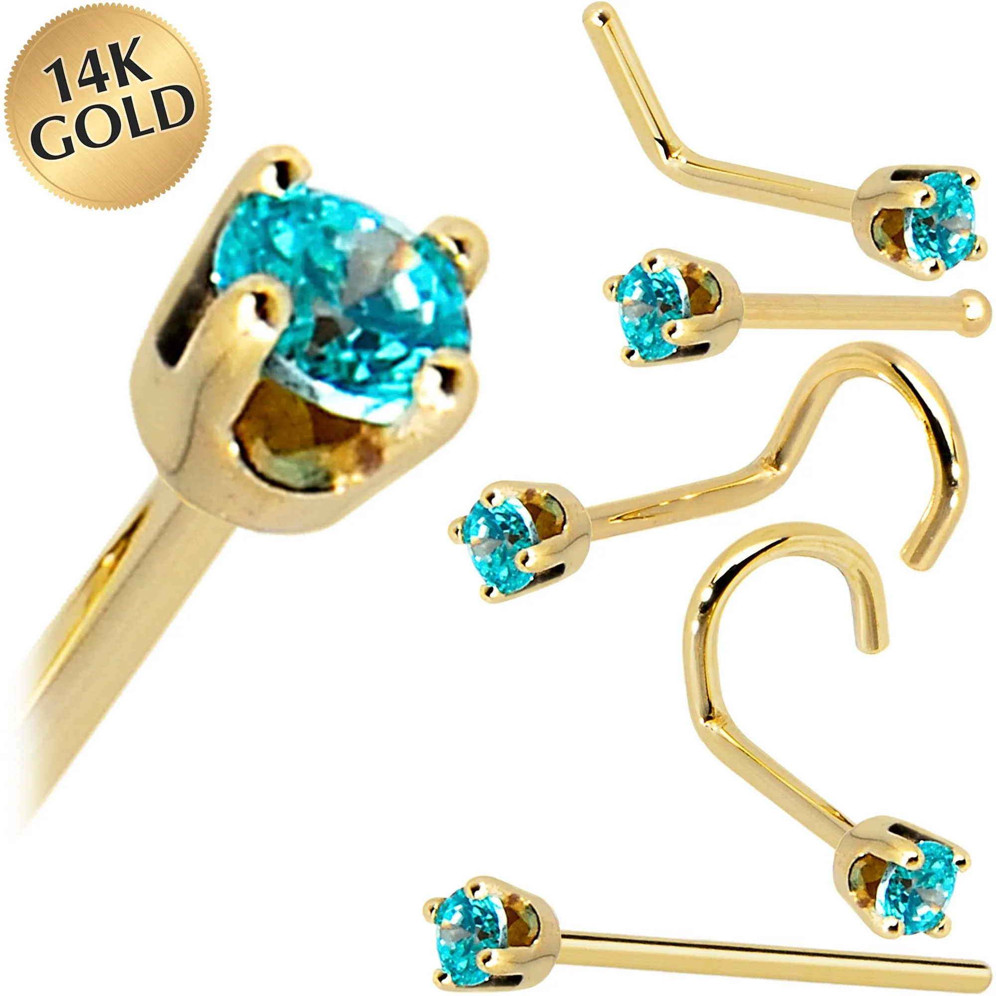 Solid 14KT Yellow Gold 2mm Mint Green Cubic Zirconia Nose Ring