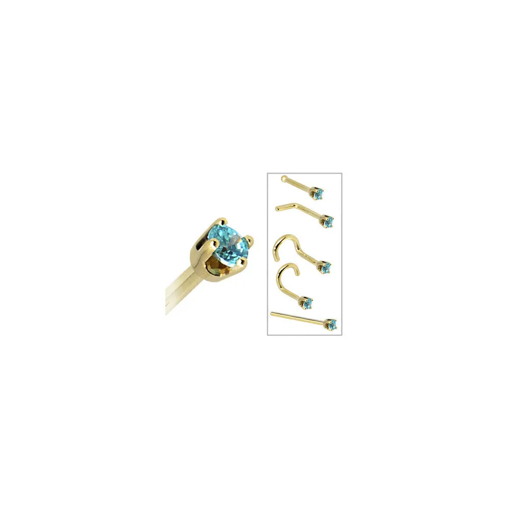 Solid 14KT Yellow Gold 2mm Mint Green Cubic Zirconia Nose Ring