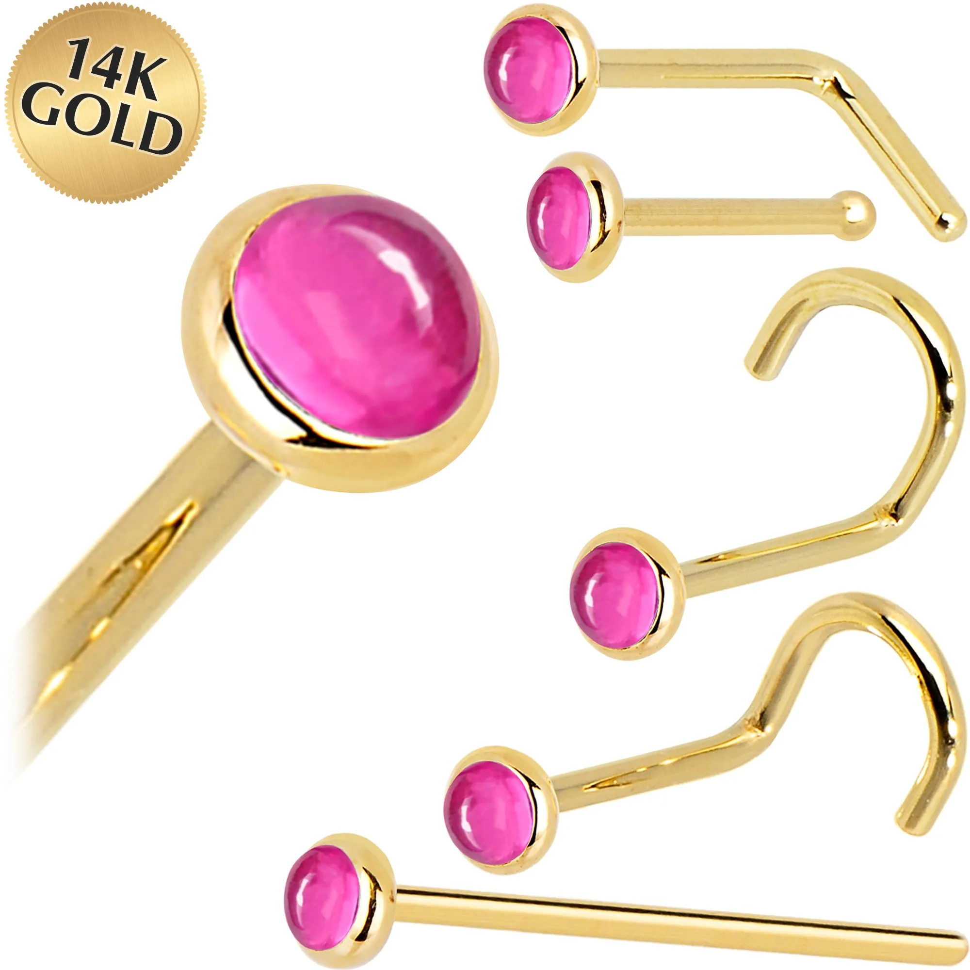 Solid 14KT Yellow Gold 2mm Pink Tourmaline Nose Ring