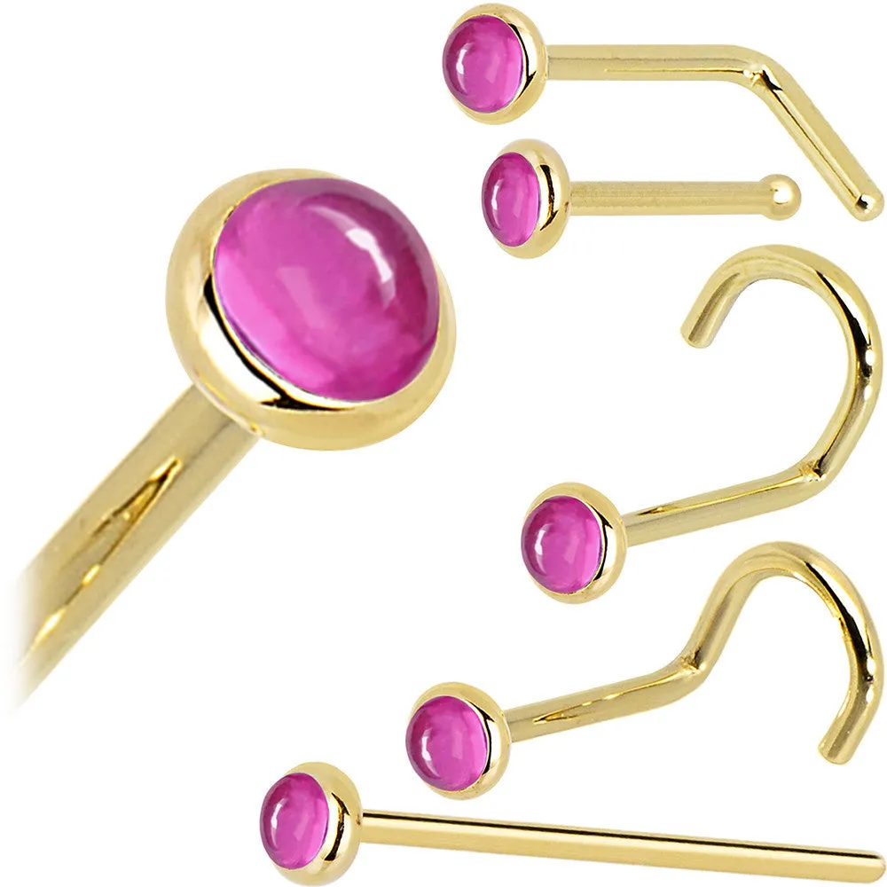 Solid 14KT Yellow Gold 2mm Pink Tourmaline Nose Ring