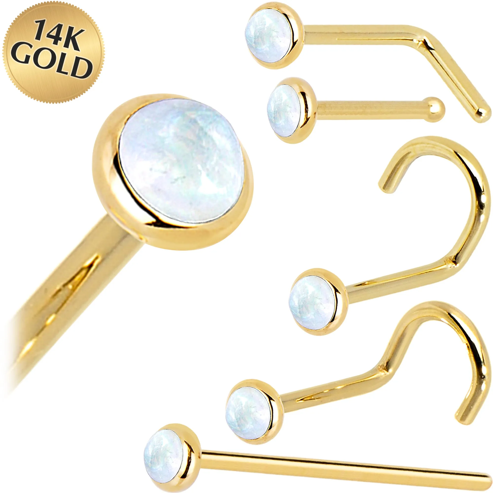 Solid 14KT Yellow Gold 2mm Rainbow Moonstone Nose Ring