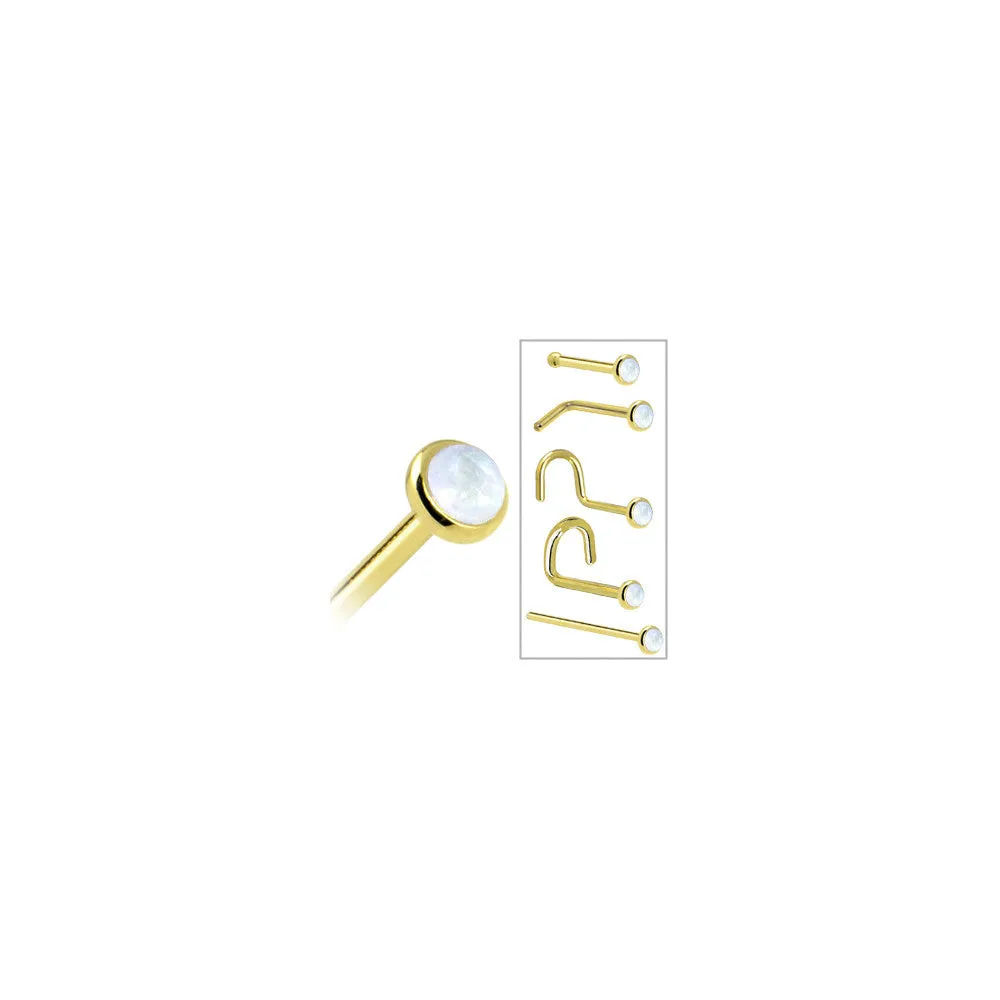Solid 14KT Yellow Gold 2mm Rainbow Moonstone Nose Ring