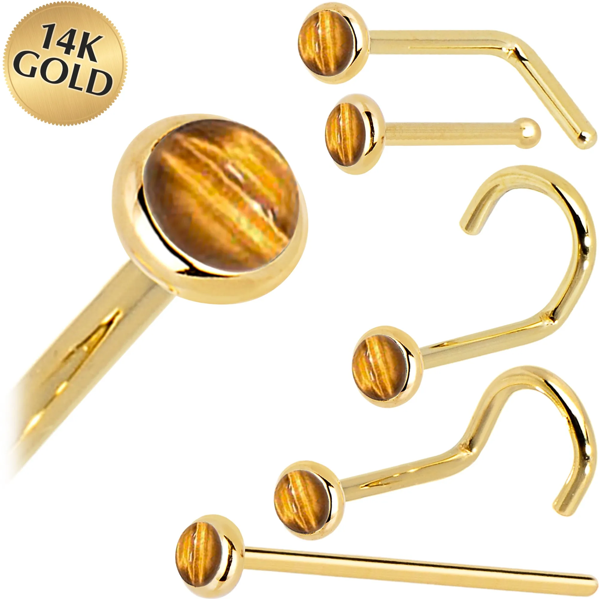 Solid 14KT Yellow Gold 2mm Tiger Eye Nose Ring