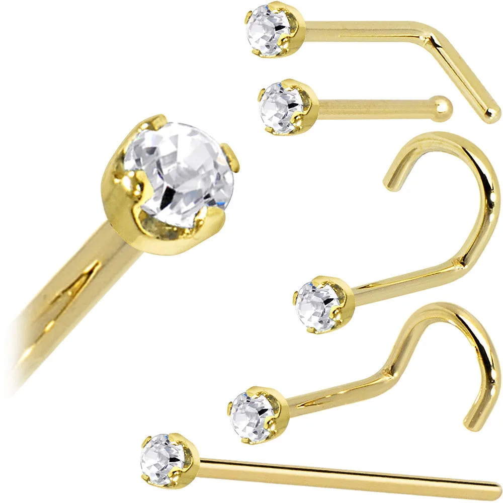 Solid 14KT Yellow Gold (April) 2mm Clear Cubic Zirconia Nose Ring