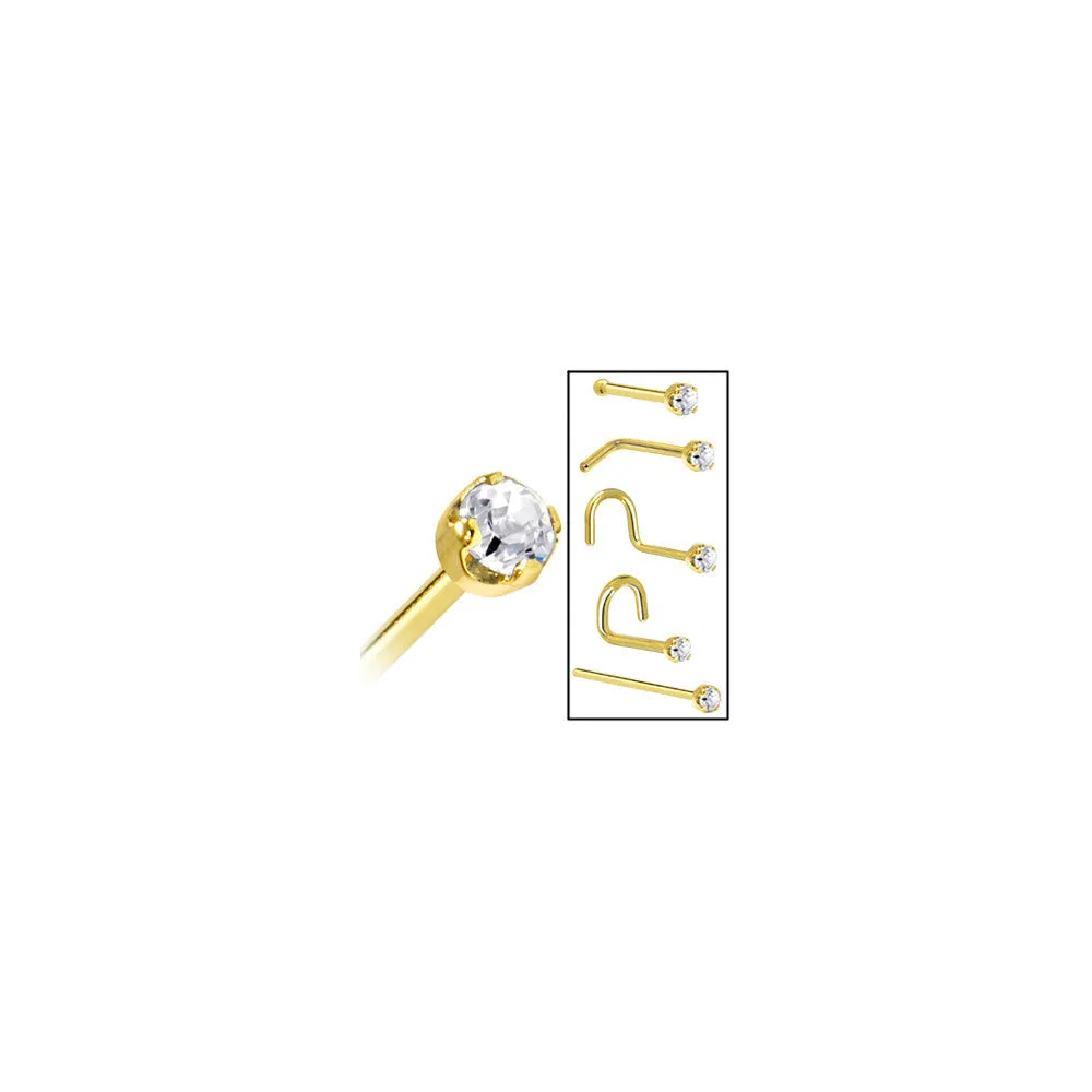 Solid 14KT Yellow Gold (April) 2mm Clear Cubic Zirconia Nose Ring