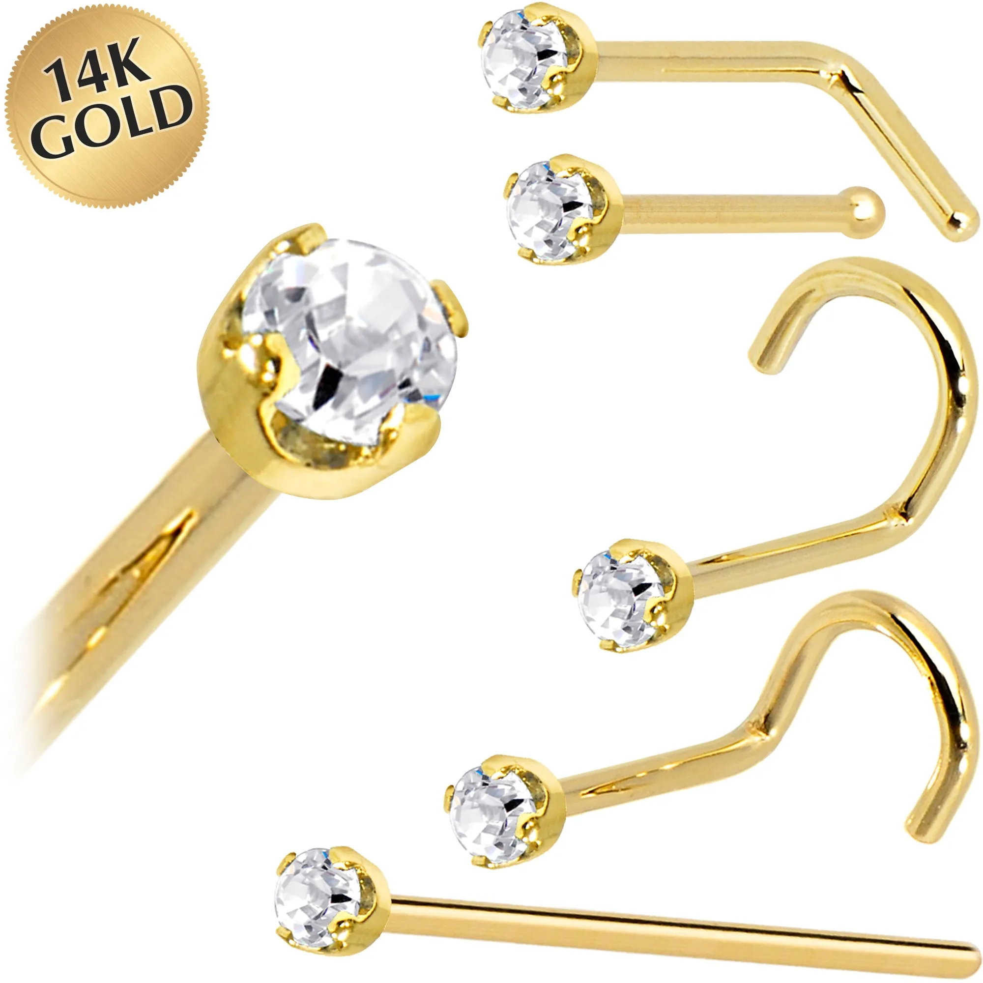 Solid 14KT Yellow Gold (April) 2mm Clear Cubic Zirconia Nose Ring