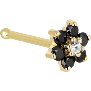 Solid 14KT Yellow Gold Black and Clear Cubic Zirconia Flower Nose Ring