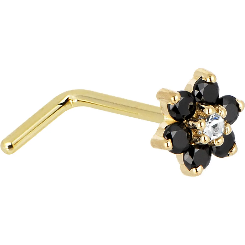 Solid 14KT Yellow Gold Black and Clear Cubic Zirconia Flower Nose Ring
