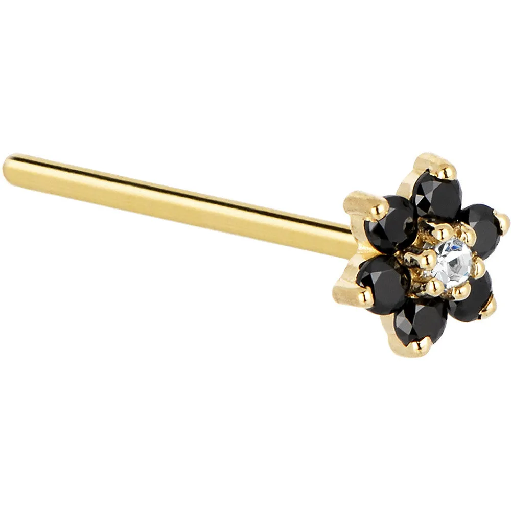 Solid 14KT Yellow Gold Black and Clear Cubic Zirconia Flower Nose Ring