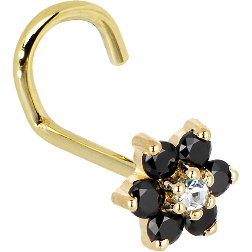 Solid 14KT Yellow Gold Black and Clear Cubic Zirconia Flower Nose Ring