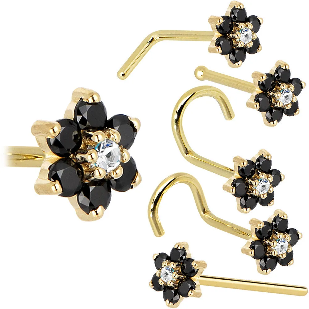 Solid 14KT Yellow Gold Black and Clear Cubic Zirconia Flower Nose Ring