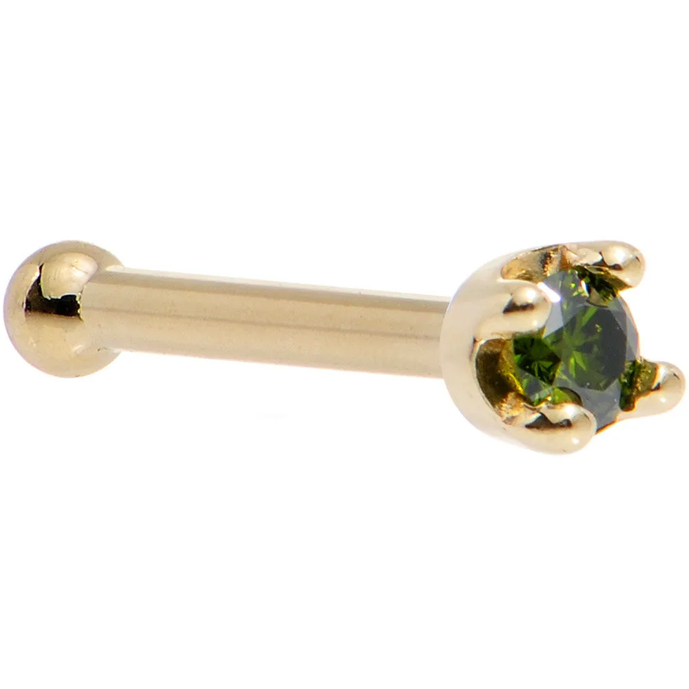 Solid 14KT Yellow Gold (May) 1.5mm Genuine Green Diamond Nose Ring